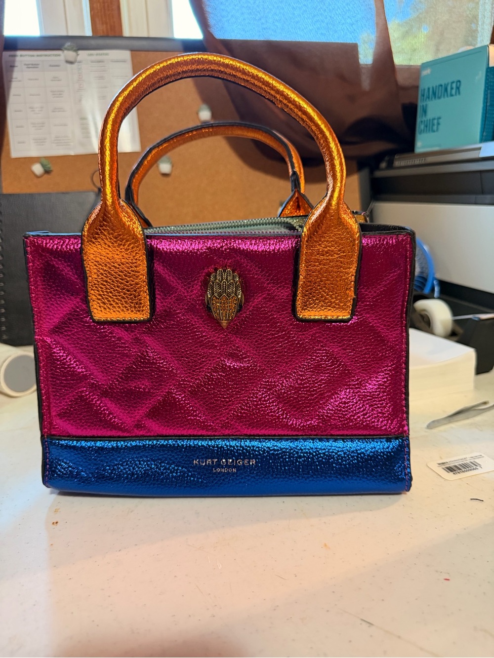 Kurt Geiger Metallic Pink & Blue Mini Tote with Gold Handles